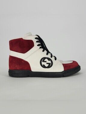 Gucci Men's Hi-Top White Leather & Burgundy Suede Sneakers Size US 9 / UK 8